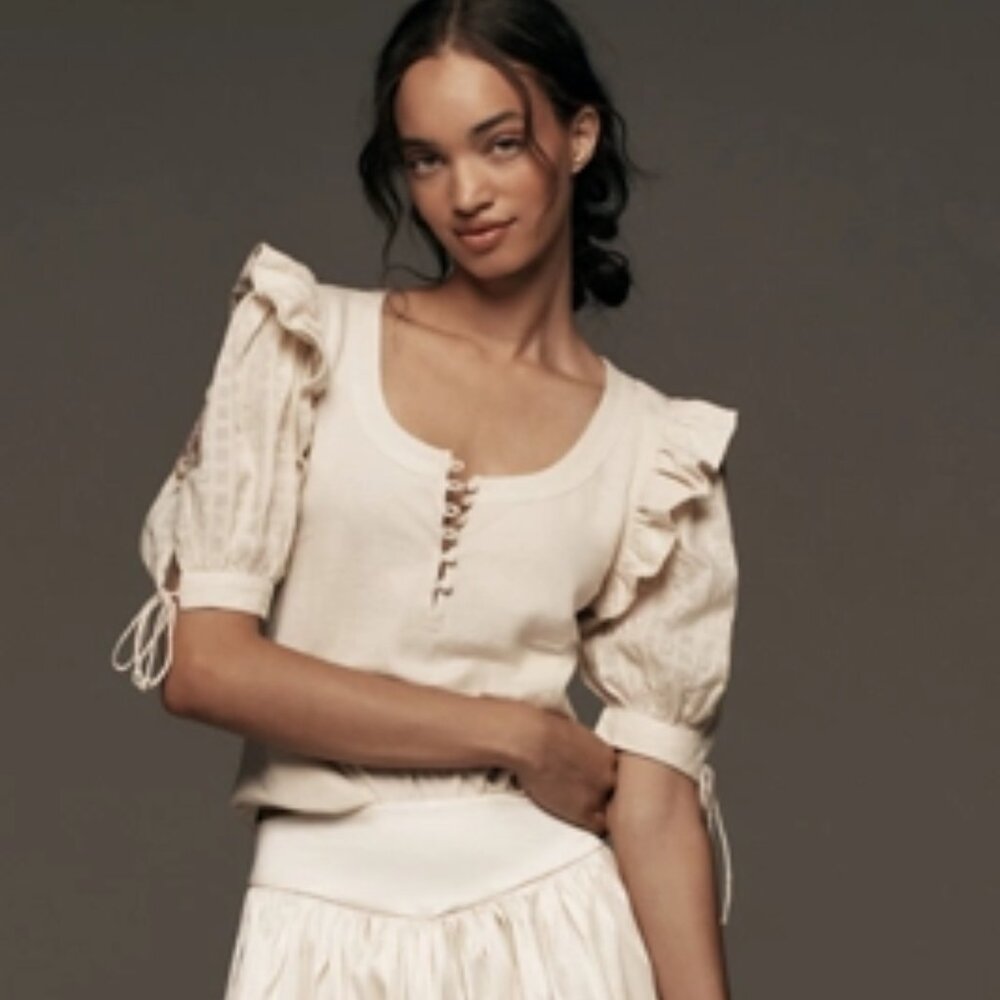 Anthropologie Embroidered Puff-Sleeve Top (Small - Cream)
